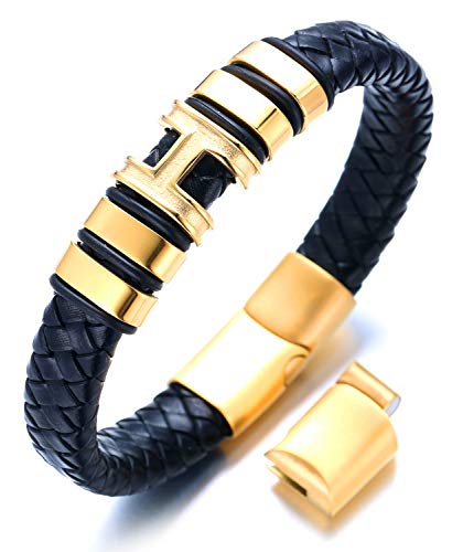 Halukakah Plus ● Erinnerung ● Herren-Armband Handgefertigt | Echtleder Schwarz | Jahrestag Begrenzt Goldenes H | Magnetverschluss Edelstahl | KOSTENLOS Geschenkbox | Größe Einstellbar 21.5cm-23cm von Halukakah