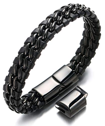 Halukakah Plus ● Nachtwache ● Herren-Armband Handgefertigt | Echtleder in Schwarz | Magnetverschluss Edelstahl | Doppelkette in Schwarz | KOSTENLOS Geschenkbox | Größe Einstellbar 21.5cm-23cm von Halukakah