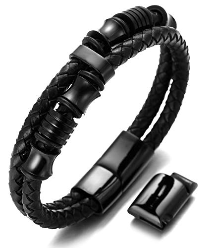 Halukakah Plus ● Schatten ● Herren-Armband Handgefertigt | Echtleder Schwarz | Magnetverschluss Edelstahl in Schwarz | Titan Perlen in Schwarz | KOSTENLOS Geschenkbox | Größe Einstellbar 21.5cm-23cm von Halukakah