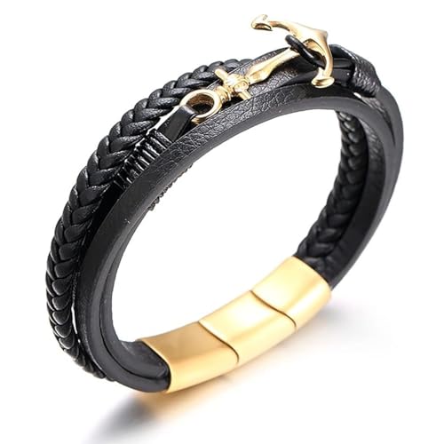 Halukakah Plus ● Segeln ● Herren-Armband Handgefertigt | Echtleder Schwarz | Magnetverschluss Edelstahl in Golden | Wickelarmband 3 Runde | Titan Anker | KOSTENLOS Geschenkbox | 21.5cm-23cm von Halukakah