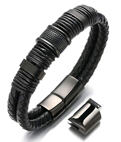 Halukakah Plus ● Solo ● Herren-Armband Handgefertigt | Echtleder Schwarz | Magnetverschluss Edelstahl in Schwarz | mit Titan Perlen in Schwarz | KOSTENLOS Geschenkbox | Größe Einstellbar 21.5cm-23cm von Halukakah