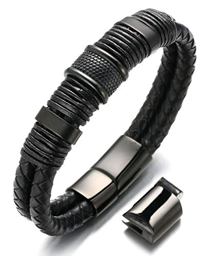 Halukakah ● Solo ● Herren-Armband | Echtleder Schwarz | Magnetverschluss Edelstahl in Silber | mit Titan Perlen in Gold & Silber | KOSTENLOS Geschenkbox | 21.5-23cm (Schwarz 21.5-23cm) von Halukakah