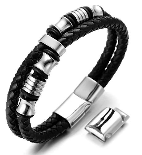 Halukakah Plus ● Solo ● Herren-Armband Handgefertigt | Echtleder Schwarz | Magnetverschluss Edelstahl in Silber | Titan Perlen in Silber | KOSTENLOS Geschenkbox | Größe Einstellbar 21.5cm-23cm von Halukakah