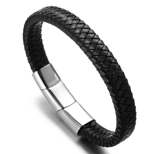 Halukakah Plus ● Solo ● Herren-Armband Handgefertigt | Echtleder in Schwarz | Kreuzgeflecht | Magnetverschluss aus Edelstahl in Silber | KOSTENLOS Geschenkbox | Größe Einstellbar 21.5cm-23cm von Halukakah