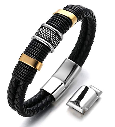 Halukakah Plus ● Solo ● Herren-Armband Handgefertigt | Echtleder in Schwarz | Magnetverschluss aus Edelstahl | Titan Perlen Gold & Silber | KOSTENLOS Geschenkbox | Größe Einstellbar 21.5cm-23cm von Halukakah