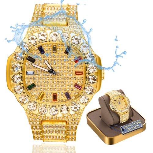 Halukakah Premium-Diamant Gold Uhr Für Männer - 18k Echtgold Plattiert,Extragroßes,Diamanten Besetztes Zifferblatt mit Mehrfarbigen Edelsteinen,Iced Out,24cm Armband, mit Geschenkbox von Halukakah