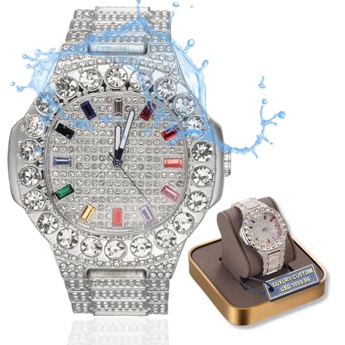 Halukakah Premium-Diamant Gold Uhr Für Männer - Platin Weißgold Plattiert,Extragroßes,Diamanten Besetztes Zifferblatt mit Mehrfarbigen Edelsteinen,Iced Out,24cm Armband, mit Geschenkbox von Halukakah