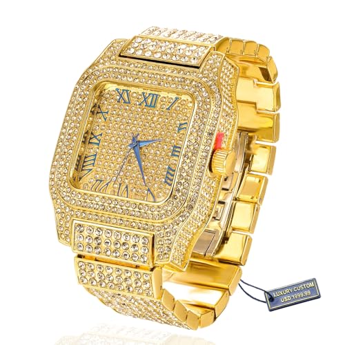 Halukakah Premium-Diamant Gold Uhr für Männer - 18k Echtgold Plattiert,Römische Ziffern,Quadratisches Zifferblatt,200g Schwer,3 Seiten Iced Out,24cm Armband - Geschenkbox Inklusive von Halukakah