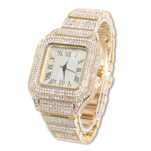 Halukakah Quadratisch Zifferblatt Diamant Golduhr Iced Out, Männer 18k Echtgold Plattiert Quarz Armband 24cm, mit Geschenkbox von Halukakah