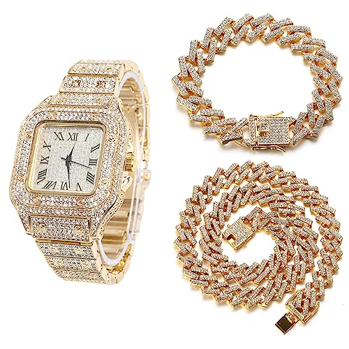 Halukakah Quadratisch Zifferblatt Diamant Golduhr Iced Out, Männer 18k Echtgold Plattiert Quarz Armband 24cm, mit Kubanische-Kette Armband 20cm + Halskette 45cm, mit Geschenkbox von Halukakah