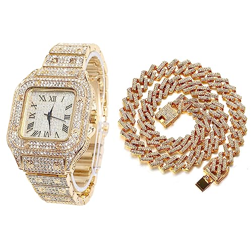 Halukakah Quadratisch Zifferblatt Diamant Golduhr Iced Out, Männer 18k Echtgold Plattiert Quarz Armband 24cm, mit Kubanische-Kette Halskette 45cm, mit Geschenkbox von Halukakah