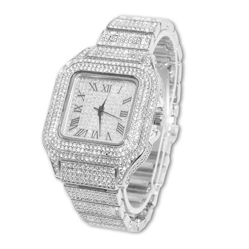 Halukakah Quadratisch Zifferblatt Diamant Golduhr Iced Out, Männer Platin Weißgold Plattiert Quarz Armband 24cm, mit Geschenkbox von Halukakah