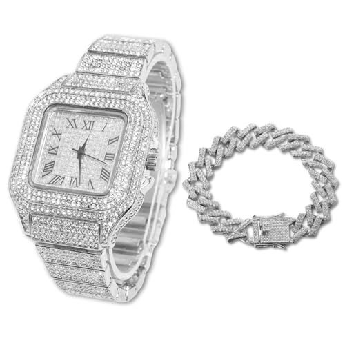 Halukakah Quadratisch Zifferblatt Diamant Golduhr Iced Out, Männer Platin Weißgold Plattiert Quarz Armband 24cm, mit Kubanische-Kette Armband 20cm, mit Geschenkbox Halukakah Quadratisch Zifferblatt Diamant Golduhr Iced Out, Männer Platin Weißgold Plattiert Quarz Armband 24cm, mit Kubanische-Kette Armband 20cm, mit Geschenkbox von Halukakah