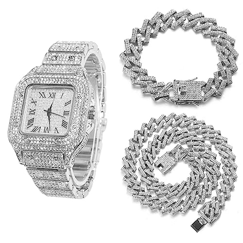 Halukakah Quadratisch Zifferblatt Diamant Golduhr Iced Out, Männer Platin Weißgold Plattiert Quarz Armband 24cm, mit Kubanische-Kette Armband 20cm + Halskette 45cm, mit Geschenkbox von Halukakah