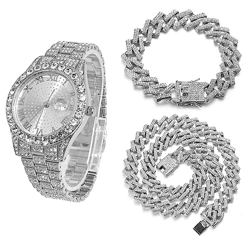 Halukakah Rundes Zifferblatt Diamant Golduhr Iced Out, Männer Platin Weißgold Plattiert Quarz Armband 24cm, mit Kubanische-Kette Armband 20cm + Halskette 45cm, mit Geschenkbox Halukakah Rundes Zifferblatt Diamant Golduhr Iced Out, Männer Platin Weißgold Plattiert Quarz Armband 24cm, mit Kubanische-Kette Armband 20cm + Halskette 45cm, mit Geschenkbox von Halukakah