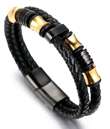 Halukakah Herren Lederarmband 18k Echtgold/Platin Plattiert Titan Perlen Gold Silber Schwarz Rindsleder der Oberen Schicht Magnetverschluss 21.5-23cm Geschenk für Männer (Gold Schwarz 21.5cm) von Halukakah