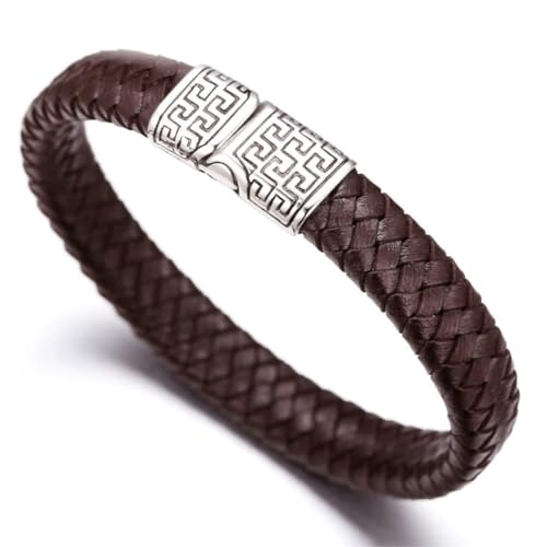 Halukakah ● Solo ● Herren-Armband Handgefertigt | Echtleder in Braun | Kreuzgeflecht | Magnetverschluss mit Griechischer Schlüssel Edelstahl in Silber | mit Geschenkbox | Tolle Geschenkidee | 21.5cm von Halukakah