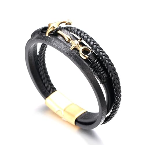 Halukakah ● Segeln ● Herren-Armband Handgefertigt | Echtleder Schwarz | Magnetverschluss Edelstahl in Golden | Wickelarmband 3 Runde | mit Titan Anker | KOSTENLOS Geschenkbox | 21.5cm von Halukakah