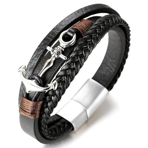 Halukakah ● Segeln ● Herren-Armband Handgefertigt | Echtleder Schwarz | Magnetverschluss Edelstahl in Silber | Wickelarmband 3 Runde | mit Titan Anker | KOSTENLOS Geschenkbox | 21.5cm von Halukakah