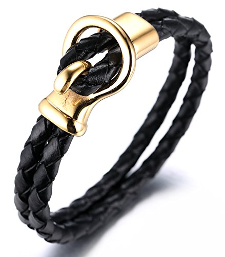 Halukakah ● Segeln ● Herren-Armband Handgefertigt | Echtleder in Schwarz | Angelhaken Verschluss aus Edelstahl in Gold | KOSTENLOS Geschenkbox | Tolle Geschenkidee | 21.5cm von Halukakah