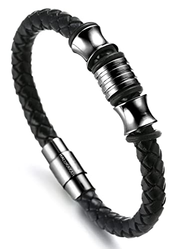Halukakah ● Solo ● Herren Armband Handgefertigt | Echtleder Klassisch Schwarz | Magnetverschluss Edelstahl in Schwarz | Titan Perlen in Schwarz | KOSTENLOS Geschenkbox | 21cm von Halukakah