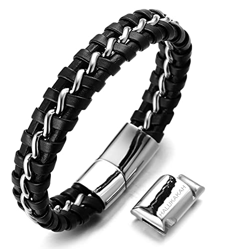Halukakah ● Solo ● Herren-Armband Handgefertigt | Echtleder in Schwarz | Magnetverschluss aus Edelstahl | Titan Kette in Silber | KOSTENLOS Geschenkbox | Tolle Geschenkidee | 21.5cm-23cm von Halukakah