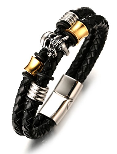 Halukakah ● Tango ● Herren-Armband Handgefertigt | Echtleder Schwarz | Magnetverschluss Edelstahl in Silber | mit Titan Schädelform Perlen in Gold & Silber | KOSTENLOS Geschenkbox | 21.5cm von Halukakah