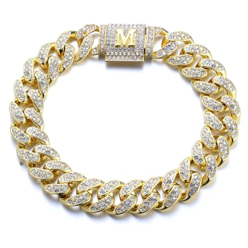 Halukakah Über 400 Diamanten 18 Karat Echtgold Vergoldet Kubanisches Gliederkettenarmband für Damen und Herren, Initiale M Blasenbuchstabenverschluss – mit Geschenkbox - Geschenkidee für Ihre Lieben von Halukakah