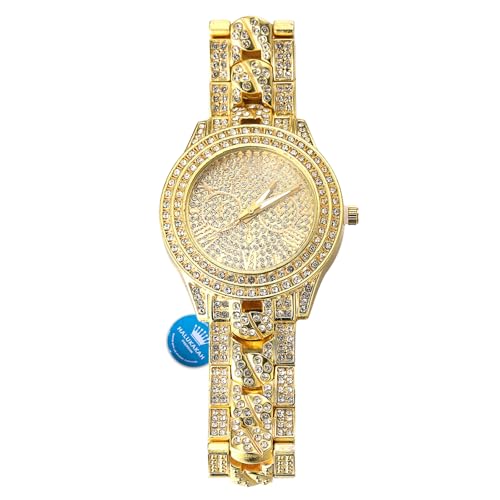 Halukakah Vergoldete Uhr Iced Out,Herren 18 Karat Echt Vergoldet Kubanische Kette Eingelegtes Band Quarz Armband 9.5", Volle Cz Labordiamants Zinken-Set,KOSTENLOSE Geschenkbox von Halukakah