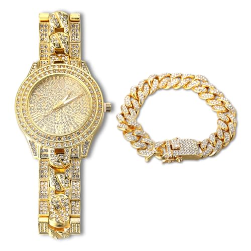 Halukakah Vergoldete Uhr Iced Out, Herren 18 Karat Echt Vergoldet Kubanische Kette Eingelegtes Band Quarz Armband 9.5",mit Kubanischer Kette 8" Armbandset,Volle Cz Labordiamants von Halukakah
