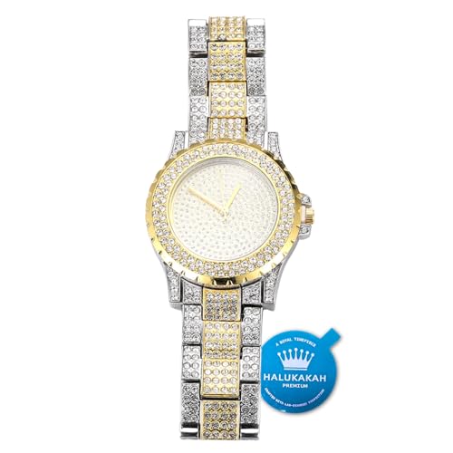 Halukakah Vergoldete Uhr Iced Out, Herren 18 Karat Echt Vergoldet Mischen Platin Weißgold Plattiertes Quarzarmband 8.7",Volle Cz Labordiamants Zinken-Set,KOSTENLOSE Geschenkbox von Halukakah