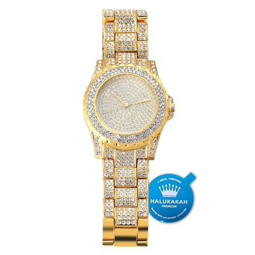 Halukakah Vergoldete Uhr Iced Out, Herren 18 Karat Echt Vergoldet Quarzarmband 8.7",Volle Cz Labordiamants Zinken-Set,KOSTENLOSE Geschenkbox von Halukakah