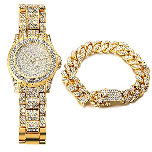 Halukakah Vergoldete Uhr Iced Out, Herren 18 Karat Echt Vergoldet Quarzarmband 8.7",mit Kubanischer Kette 8" Armbandset,Volle Cz Labordiamants Zinken-Set,KOSTENLOSE Geschenkbox von Halukakah