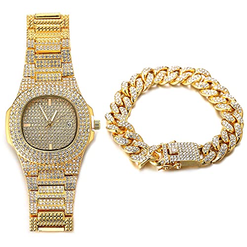 Halukakah Vergoldete Uhr Iced Out, Herren 18 Karat Echt Vergoldet Quarzarmband 9.5",mit Kubanischer Kette 8" Armbandset,Volle Cz Labordiamants Zinken-Set,KOSTENLOSE Geschenkbox Halukakah Vergoldete Uhr Iced Out, Herren 18 Karat Echt Vergoldet Quarzarmband 9.5",mit Kubanischer Kette 8" Armbandset,Volle Cz Labordiamants Zinken-Set,KOSTENLOSE Geschenkbox von Halukakah