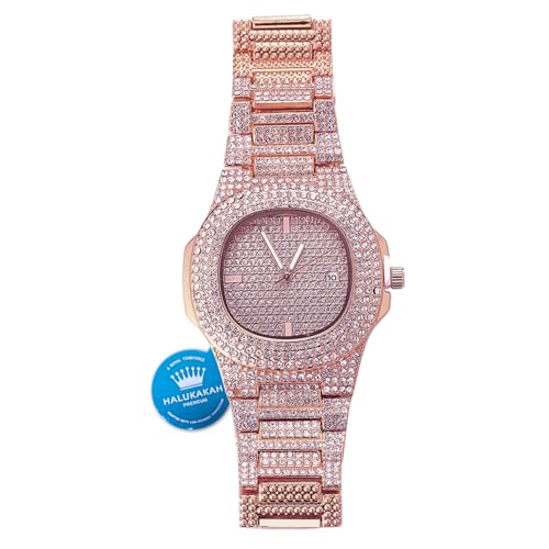 Halukakah Vergoldete Uhr Iced Out, Herren 18 Karat Roségold Plattiert Quarzarmband 9.5",Volle Cz Labordiamants Zinken-Set,KOSTENLOSE Geschenkbox von Halukakah