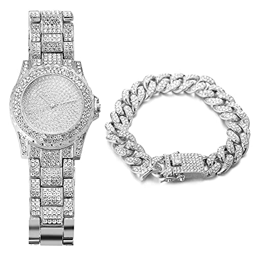 Halukakah Vergoldete Uhr Iced Out,Herren Platin Weißgold Plattiert Quarzarmband 8.7",mit Kubanischer Kette 8" Armbandset,Volle Cz Labordiamants Zinken-Set,KOSTENLOSE Geschenkbox von Halukakah