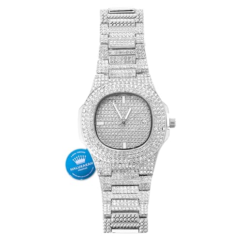 Halukakah Vergoldete Uhr Iced Out,Herren Platin Weißgold Plattiert Quarzarmband 9.5",Volle Cz Labordiamants Zinken-Set, KOSTENLOSE Geschenkbox von Halukakah