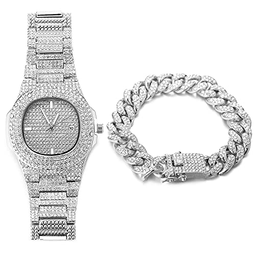 Halukakah Vergoldete Uhr Iced Out, Herren Platin Weißgold Plattiert Quarzarmband 9.5",mit Kubanischer Kette 8" Armbandset,Volle Cz Labordiamants Zinken-Set,KOSTENLOSE Geschenkbox von Halukakah