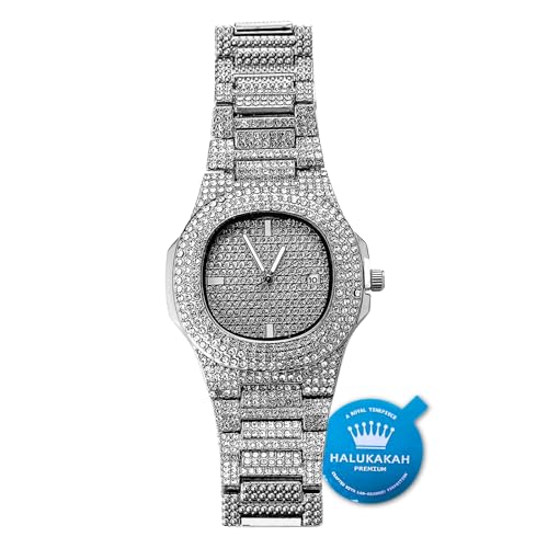Halukakah Vergoldete Uhr Iced Out, Herren Rhodium Black Plated Quarzarmband 9.5",Volle Cz Labordiamants Zinken-Set,KOSTENLOSE Geschenkbox von Halukakah