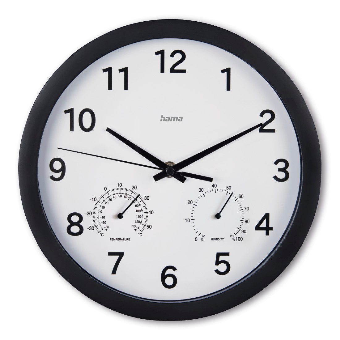 Hama Wanduhr "Wanduhr "Malta", Ø 25 cm, ohne Ticken, Schwarz" geräuscharm, mit Thermo-/Hygrometer von Hama