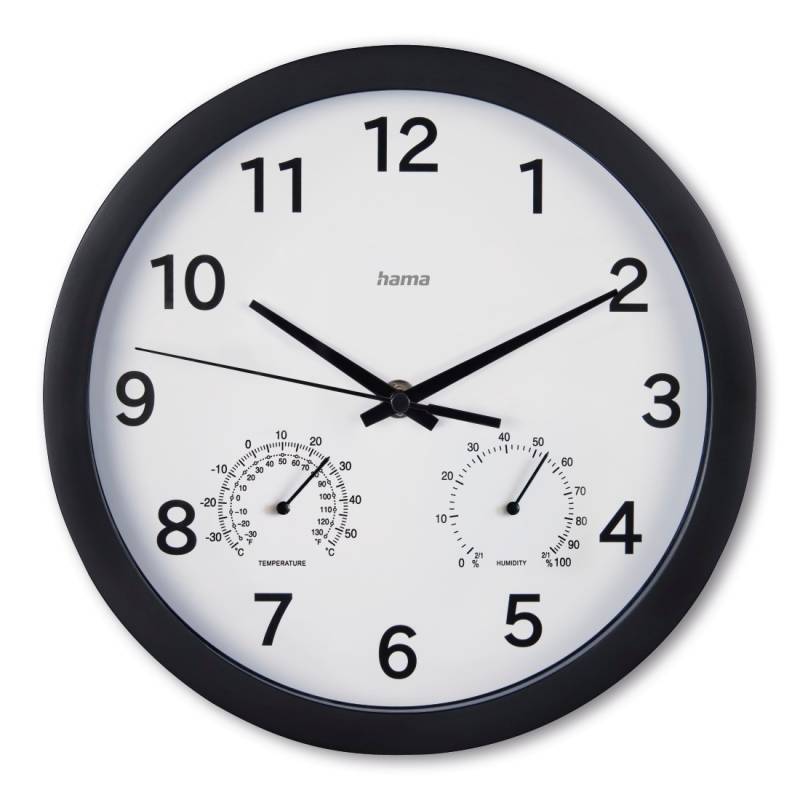 Hama Wanduhr "Wanduhr "Malta", Ø 25 cm, ohne Ticken, Schwarz" geräuscharm, mit Thermo-/Hygrometer von Hama