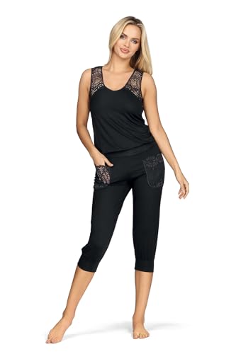 Damen Schlafanzug und Freizeitanzug schwarz Blickdicht aus Netz und Spitze Jogginganzug Top und Hose 2XL von Hamana
