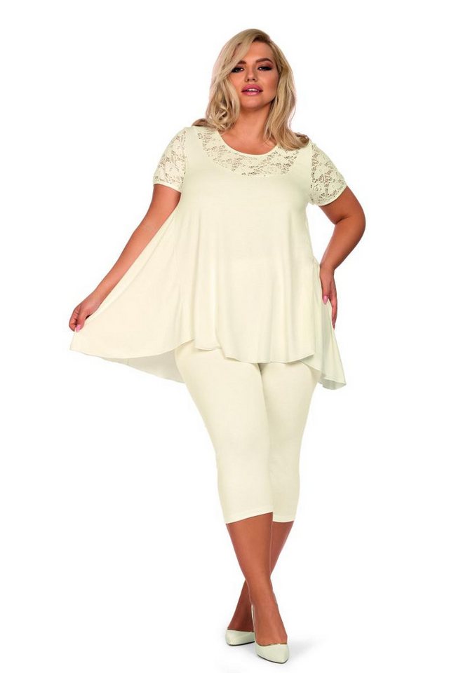 Hamana Pyjama Beiger Plus Size Pyjama Damen Schalfanzug aus Shirt mit Spitze und kni von Hamana