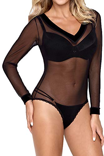 Schwarzer erotischer Damen Body aus Tüll transparent dehnbar mit Langen Ärmeln M von Hamana