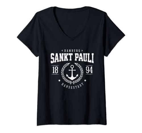 Damen St Pauli Retro Paulianer Totenschädel St. Pauli T-Shirt mit V-Ausschnitt Damen St Pauli Retro Paulianer Totenschädel St. Pauli T-Shirt mit V-Ausschnitt von Hamburg Sankt Pauli Souvenir Geschenke