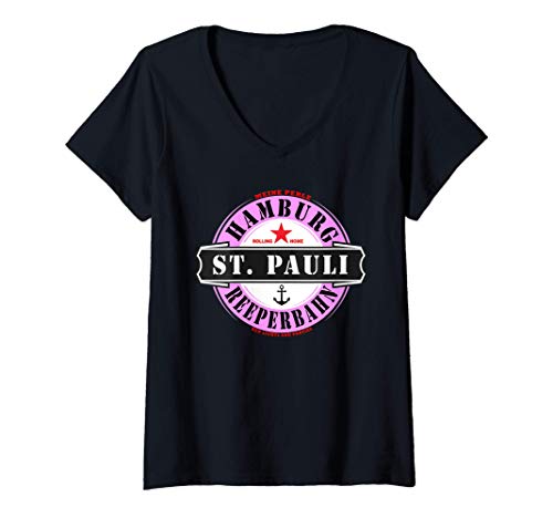 Damen Hamburg St. Pauli Reeperbahn Red light Party Outfit Kiez T-Shirt mit V-Ausschnitt Damen Hamburg St. Pauli Reeperbahn Red light Party Outfit Kiez T-Shirt mit V-Ausschnitt von Hamburg St. Pauli Reeperbahn Nordsee Hafen Kiez