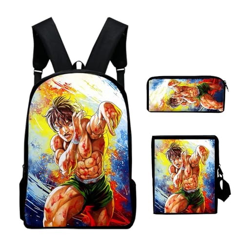 Baki Schulranzen-Rucksack, 3-teiliges Set, Elementarspiel-Cartoon-Schulrucksack, 3D-Druck, Lunchtasche, Federmäppchen für Jungen und Mädchen, Schule, Typ 6, Einheitsgröße, Anime von Hamender