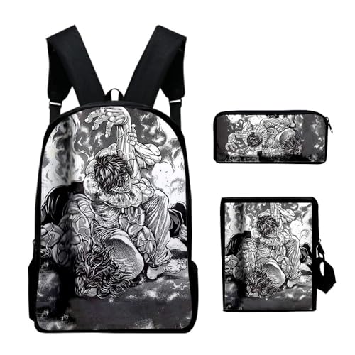 Baki Schulranzen-Rucksack, 3-teiliges Set, Elementarspiel-Cartoon-Schulrucksack, 3D-Druck, Lunchtasche, Federmäppchen für Jungen und Mädchen, Schule, Typ 8, Einheitsgröße, Anime von Hamender