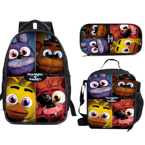 FNAF Schulranzen-Rucksack, 3-teiliges Set, Elementarspiel-Cartoon-Schulrucksack, 3D-Druck, Lunchtasche, Federmäppchen für Jungen und Mädchen, Schule, Typ 1, Einheitsgröße, Anime von Hamender