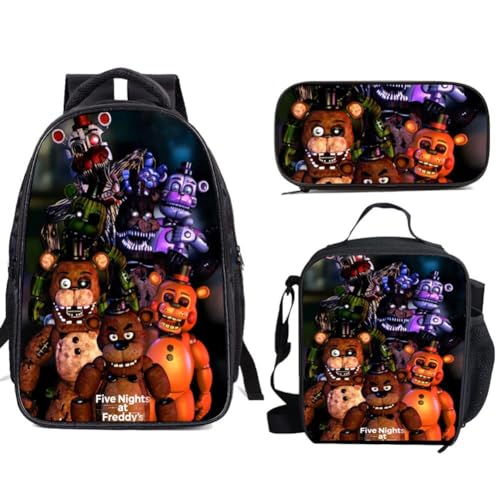 FNAF Schulranzen-Rucksack, 3-teiliges Set, Elementarspiel-Cartoon-Schulrucksack, 3D-Druck, Lunchtasche, Federmäppchen für Jungen und Mädchen, Schule, Typ 2, Einheitsgröße, Anime von Hamender